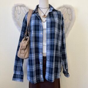 Indie Skater Grunge Oversized Shirt Button Up Long Sleeve Blue Navy Preppy‎
